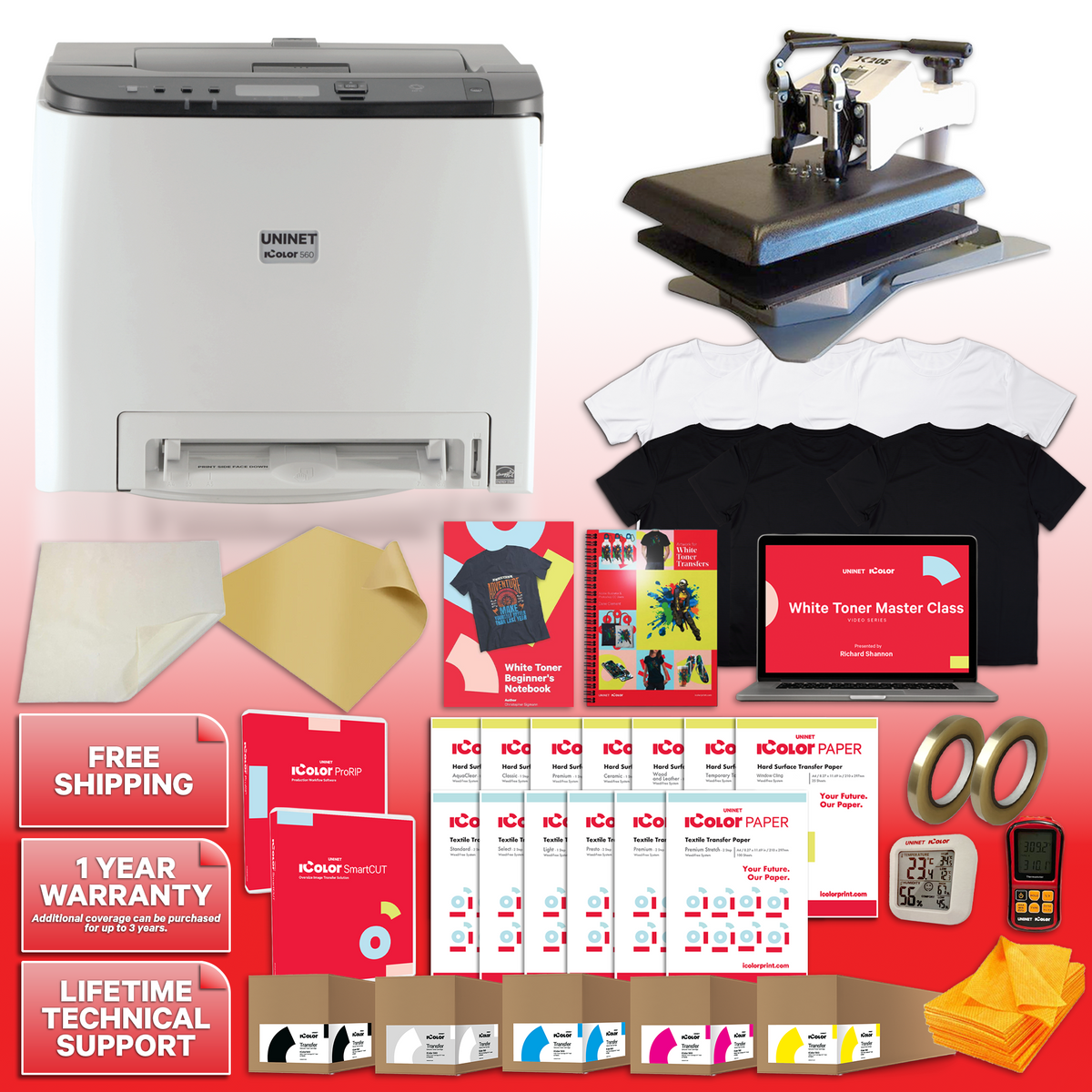 iColor 560 White Toner DTF Printer - Business Package with 16&quot; x 20&quot; Geo Knight DK20S Digital Swing Away Heat Press