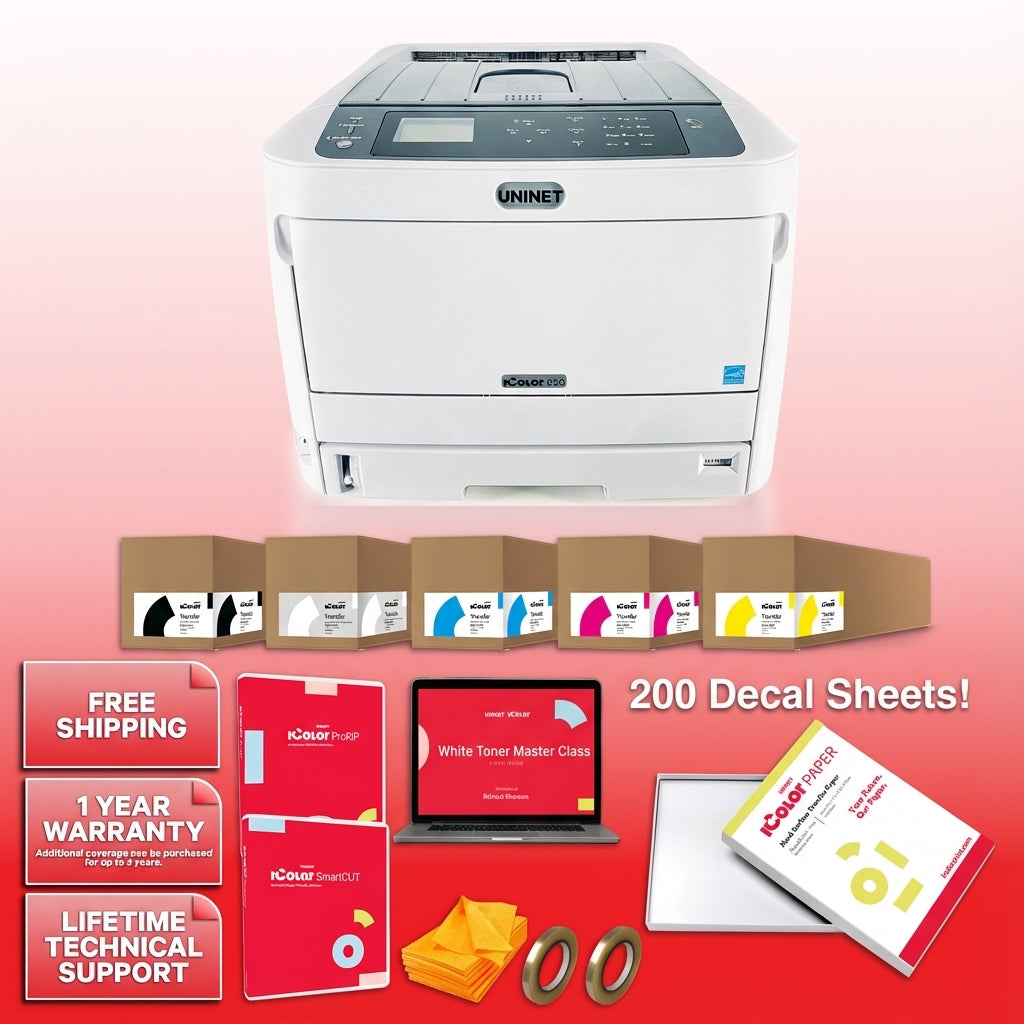 UNINET printer with decal sheets and related materials on a gradient background